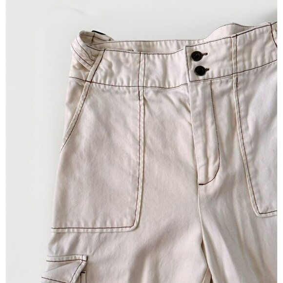 Nicole Miller Cargo Pants Size 6 Khaki Cream Multi Pockets Brown Threading - Picture 2 of 5